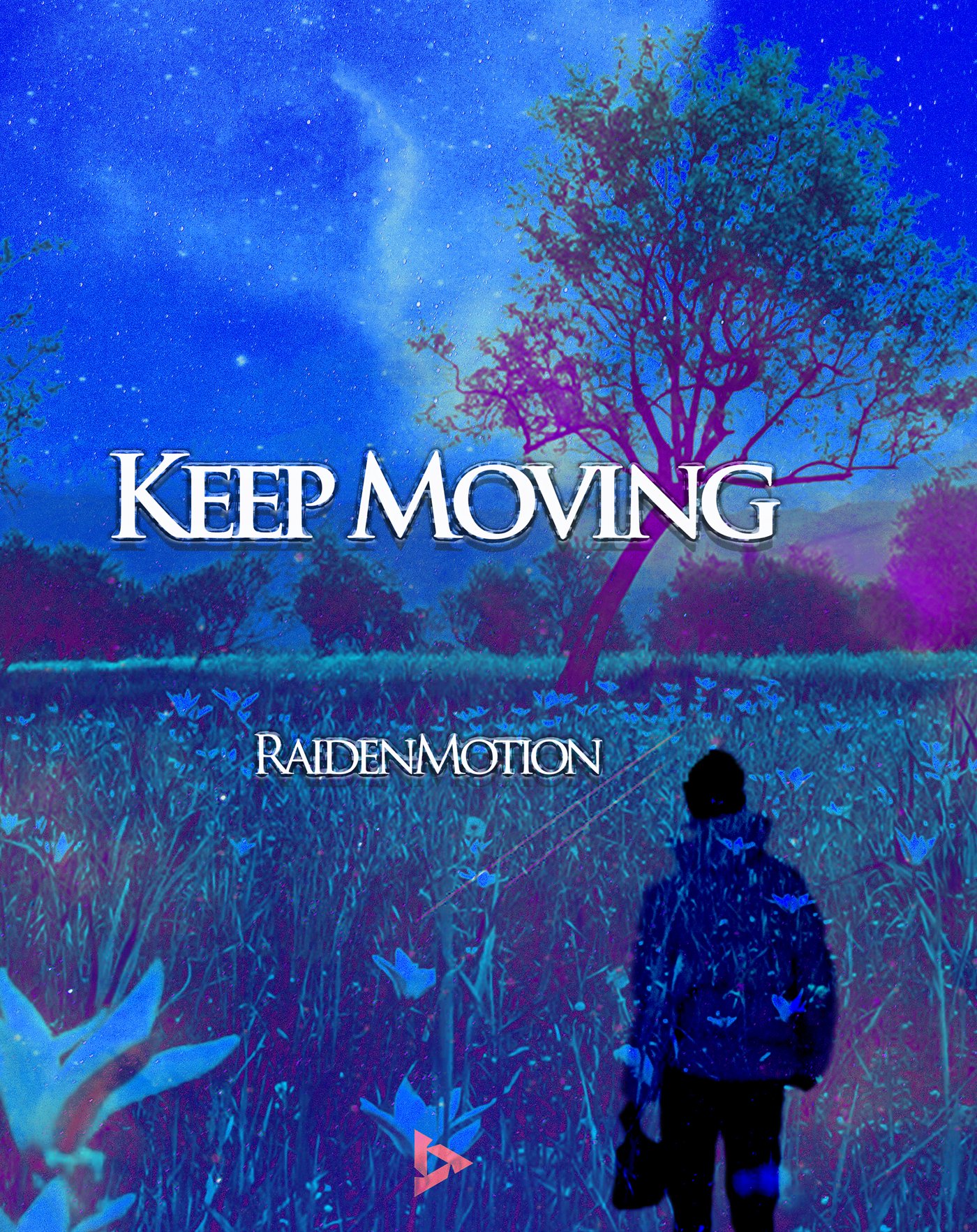 Keep Moving artwork by RaidenMotion — a lone figure walking through a field under a starry blue sky